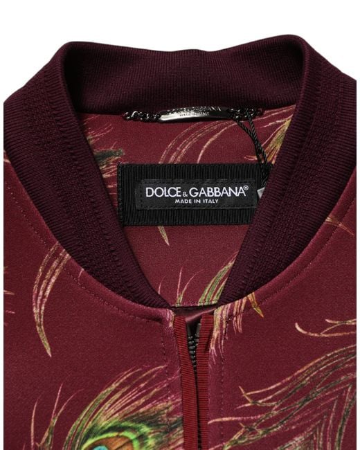 Dolce & Gabbana Red Peacock Feather Print Bomber Jacket Polyester Elastane Clothing for men