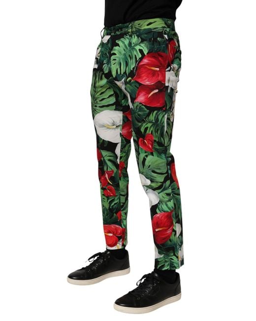 Dolce & Gabbana Green Multicolor Floral Print Cotton Tapered Pants for men