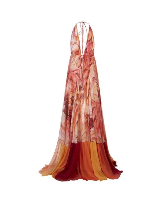 Roberto Cavalli White Long Sleeveless Silk Dress With Plumage Print