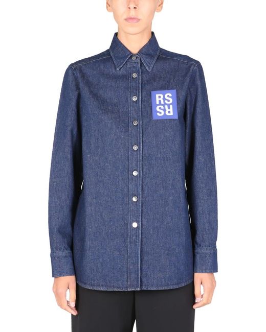 Raf Simons Blue Shirt Jacket With Logo Patch