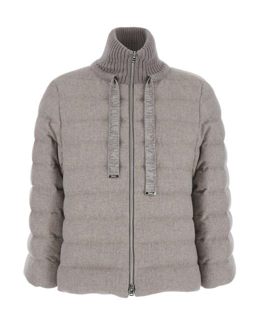 Herno Gray Down Jacket With Drawstring High Neck And Removable Gloves