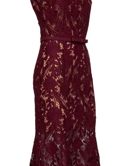 Self-Portrait Purple Self Portrait Burgundy Guipure Lace Belted Midi Dress