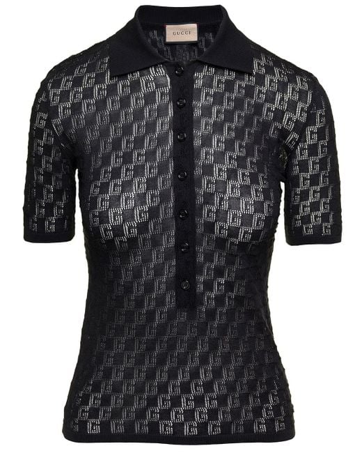 Gucci Black Polo Shirt With Button Closure And Gg Motif