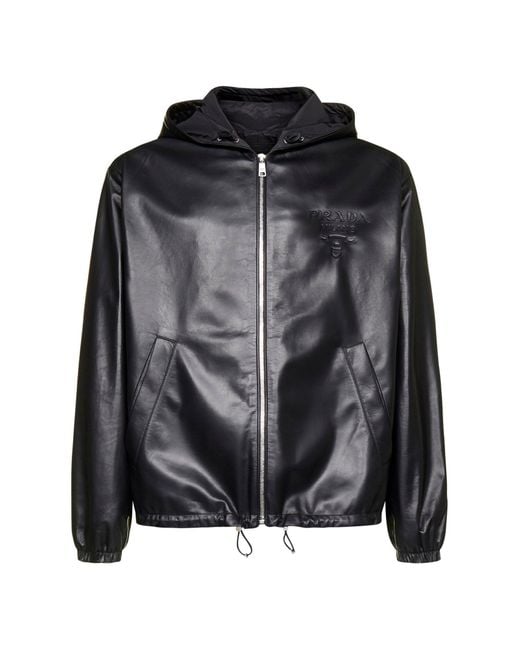 Prada Hooded Leather Jacket in Black | Lyst