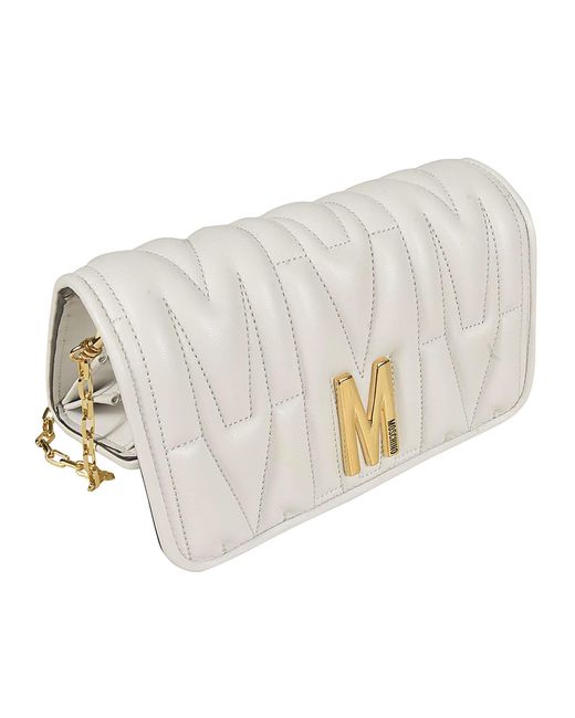 Moschino White M Plaque Quilted Flap Chain Shoulder Bag