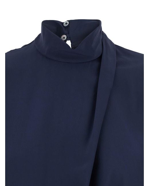 Tela Blue Top With High Neck And Asymmetrical Design
