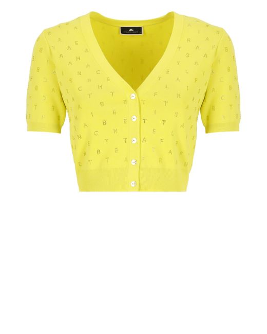 Elisabetta Franchi Yellow Cardigan With Strass Lettering