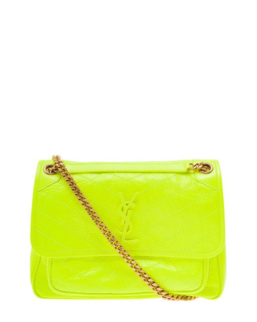 Saint Laurent Niki Medium Neon Yellow Shoulder Bag With Ysl Logo In Quilted Leather