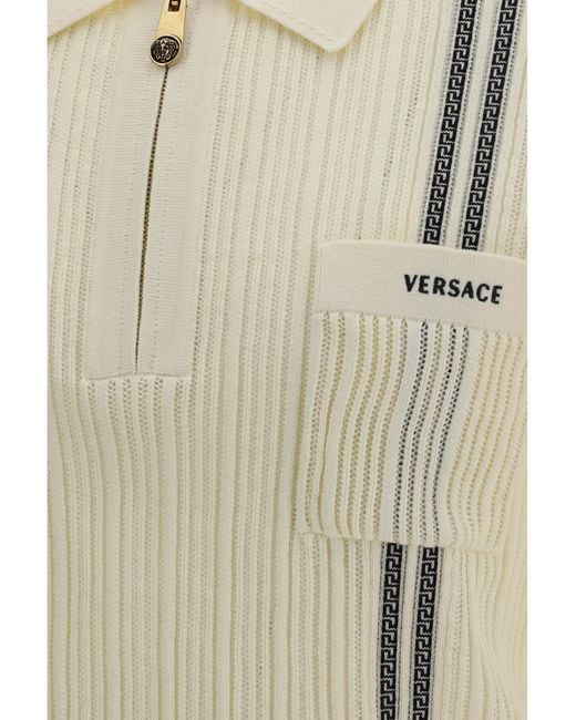 Versace White Jacquard Cotton Knit Polo Shirts for men