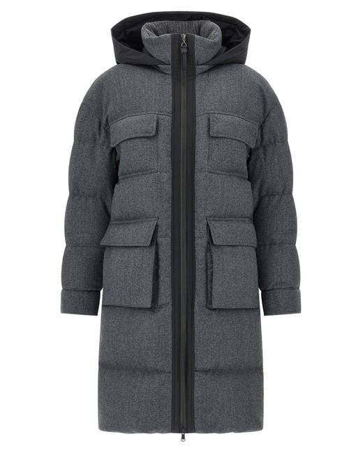 Brunello Cucinelli Gray Shiny Zipper Pull Long Down Jacket