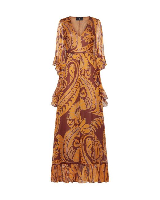 Etro Brown Allover Graphic Printed V-Neck Maxi Dress