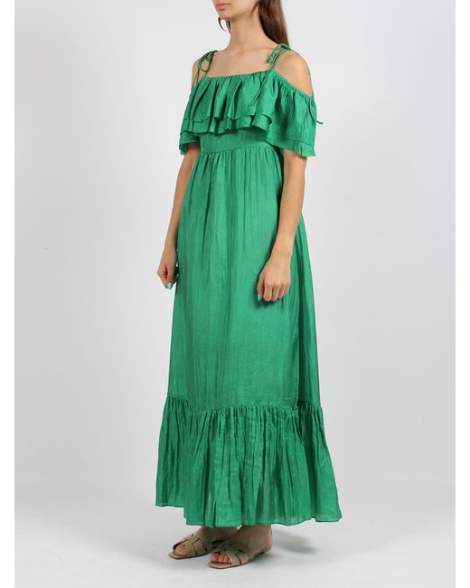 THE ROSE IBIZA Green Ruffled Silk Long Dress