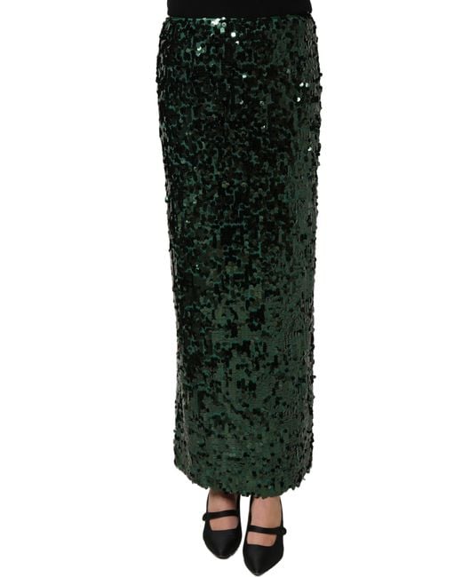 Dolce & Gabbana Green Sequin High Waist Pencil Cut Midi Skirt Nylon