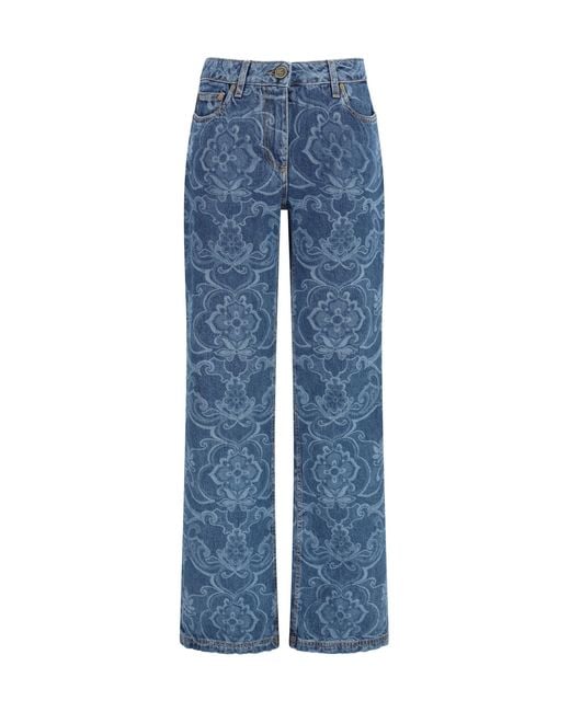 Etro Blue Ornamental Jacquard Denim Jeans Cotton