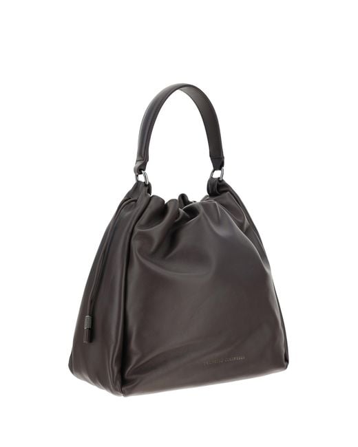 Brunello Cucinelli Black Leather Shoulder Bag With Drawstring Closure Calf Bos Taurus