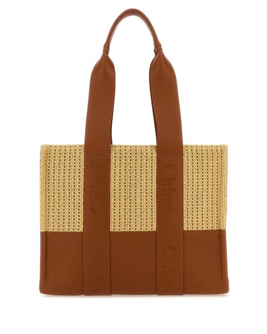 Chloé Brown Two-tone Raffia And Leather Medium Woody Shopping Bag
