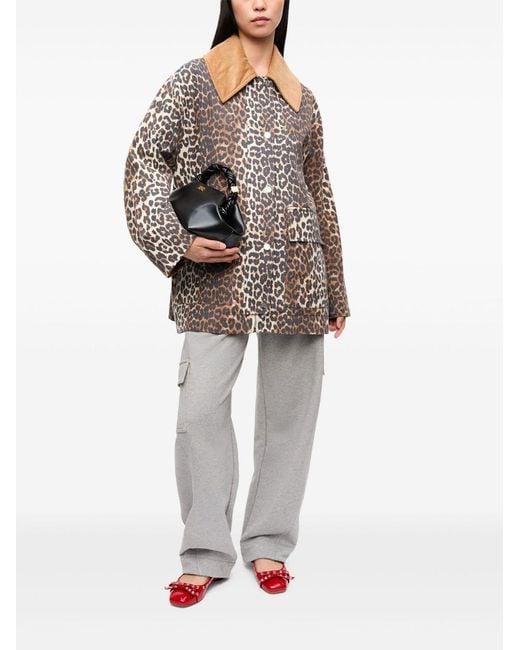 Ganni Brown Canvas Midi Leopard Print Jacket
