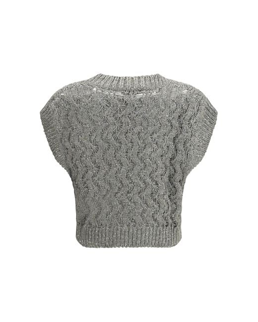 Brunello Cucinelli Gray Silk Blend Sequined Vest Knitwear