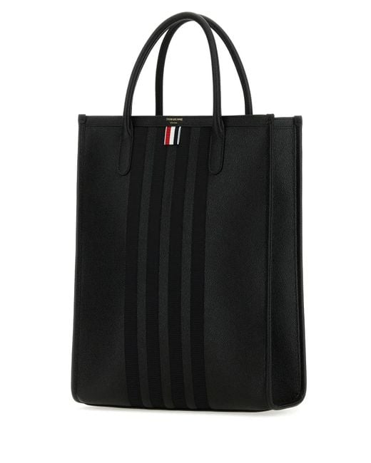 Thom Browne Black Leather Vertical Tote Handbag