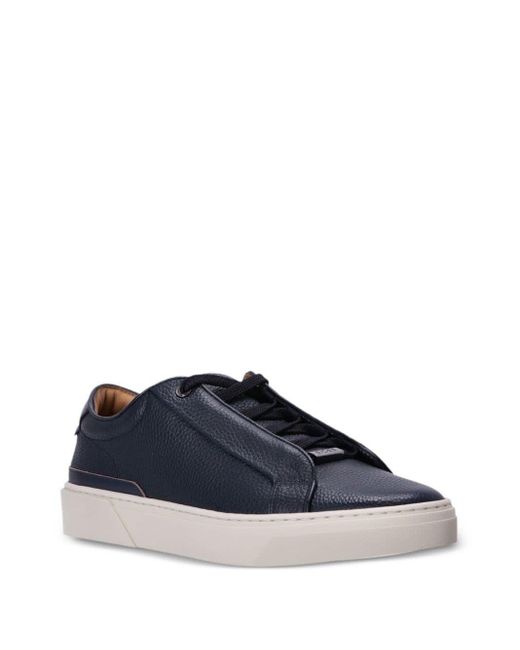 Boss Blue Grained Leather Sneakers With Logo Tag On Laces for men
