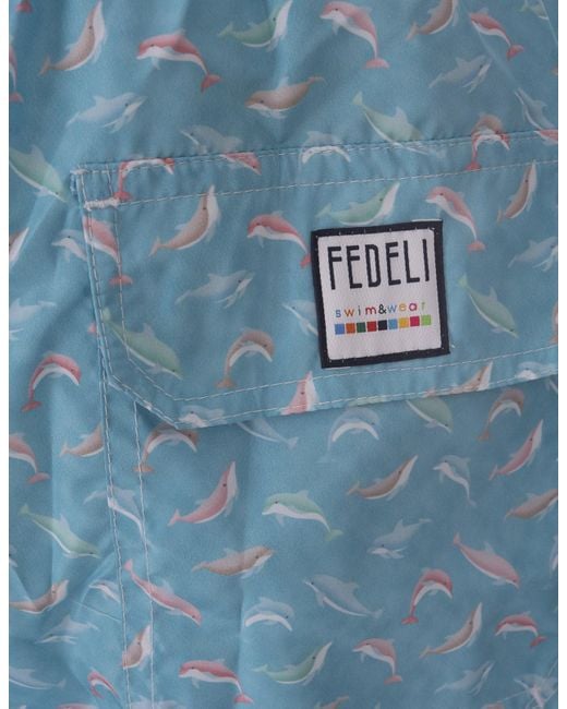 Fedeli Blue Light Swim Shorts With Multicolour Dolphin Pattern for men