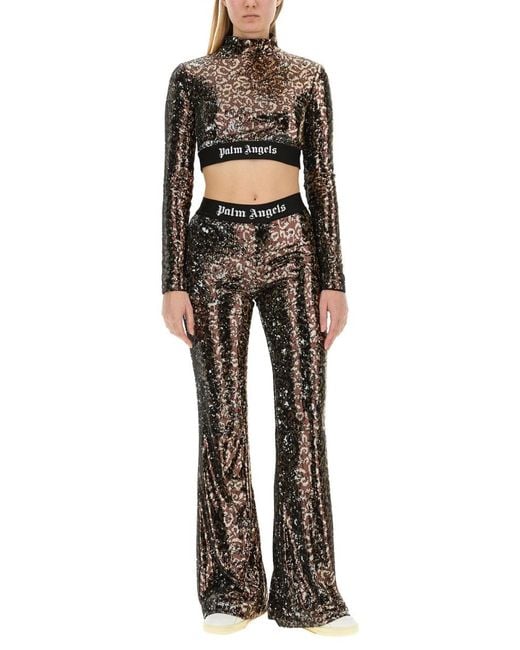 Palm Angels Black Sequined Top Polyester T-Shirts