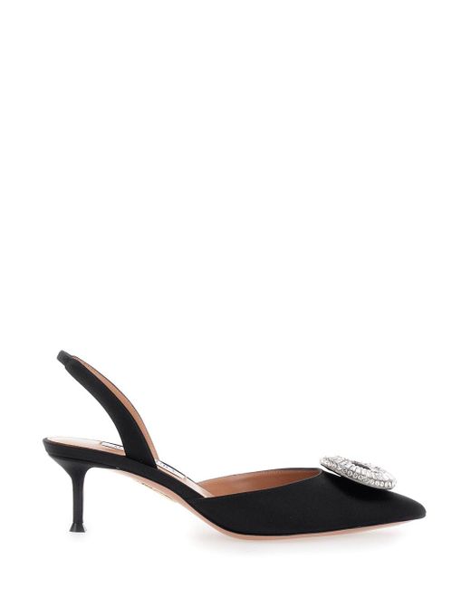 Aquazzura Black Crystal Hoop Slingback Pumps With Rhinestoned Embellishment And Kitten Heel