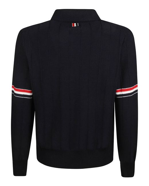 Thom Browne Black Rwb-Striped Long-Sleeved Polo Shirt for men
