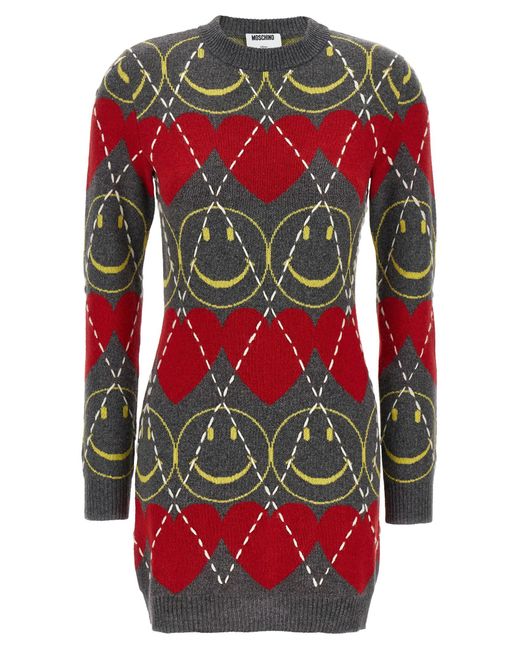 Moschino Red Wool Blend Mini Dress With Diamond-Stitched Pattern