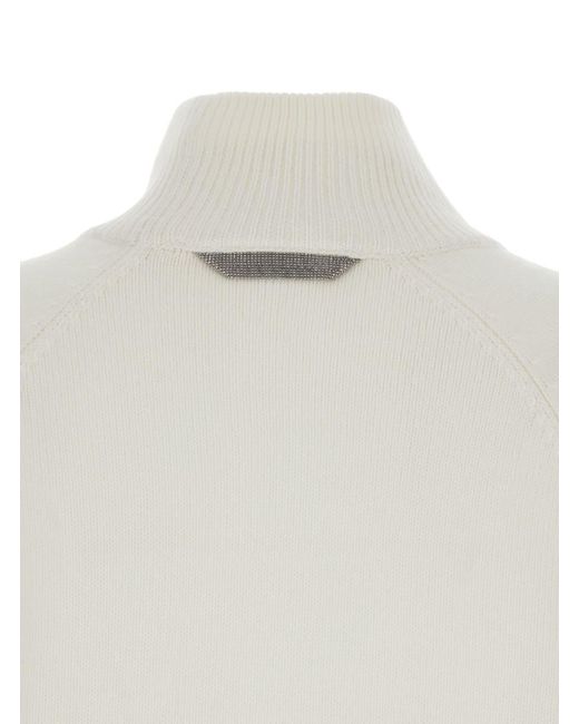 Brunello Cucinelli White Sweater With High Neck And Monil Detail On The Rear
