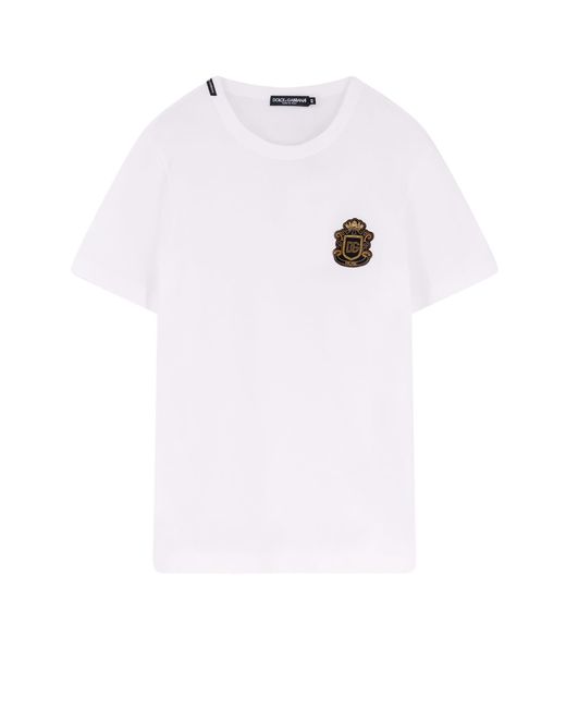Dolce & Gabbana White Cotton T-Shirt With Iconic Logo Patch for men