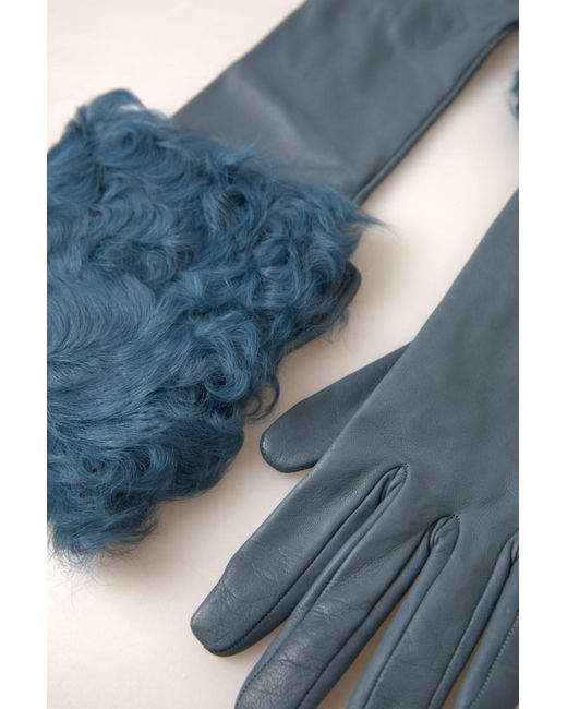 Dolce & Gabbana Blue Leather Fur Mid Arm Length Gloves