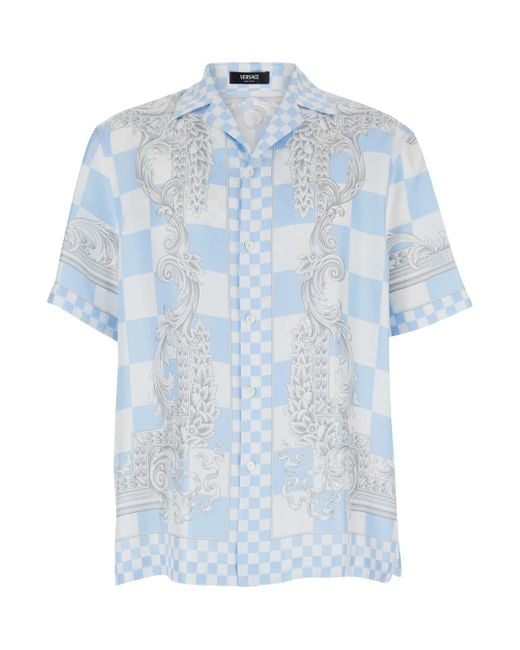 Versace Blue Light Bowling Shirt With Barocco Print for men