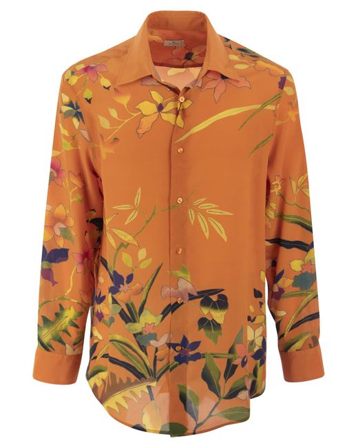 Etro Orange Ramage Floral Silk Shirt for men