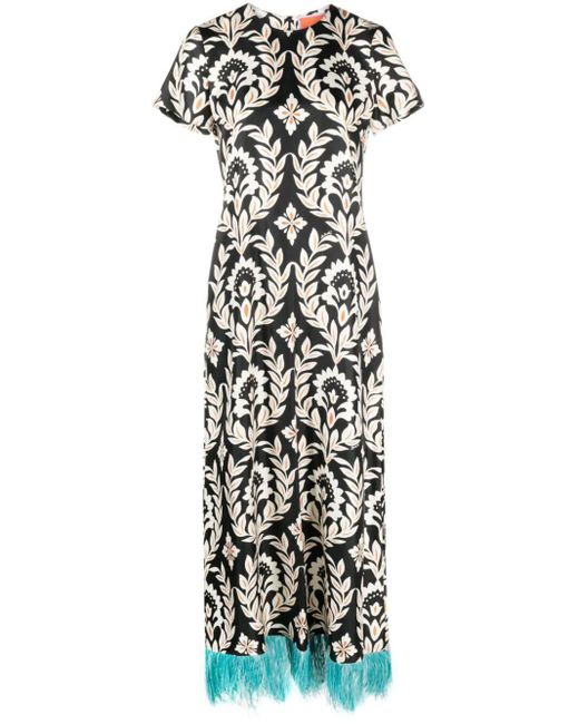 LaDoubleJ White Swing Feather-trimmed Printed Silk-twill Maxi Dress
