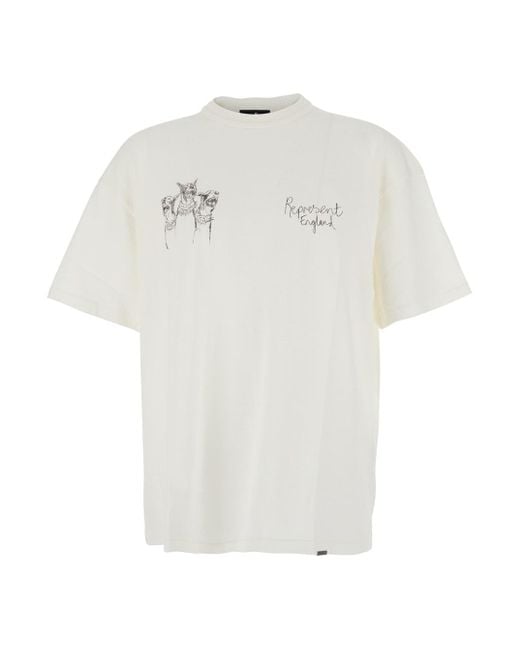 Represent White Thoroughbred Dog Crewneck T-Shirt With Logo Lettering On The Front And Maxi Drawing On The Rear for men
