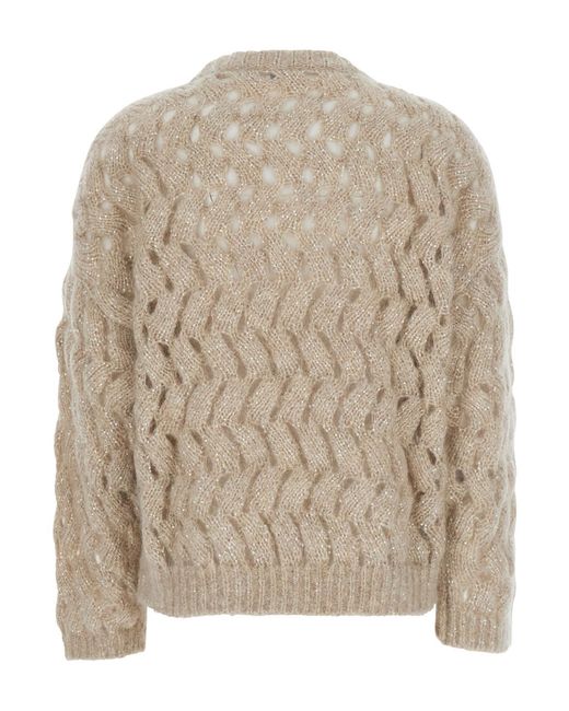 Brunello Cucinelli Natural Crewneck Cable-Knit Sweater Mohair Tops