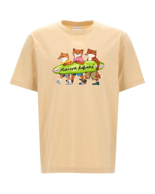 Maison Kitsuné Surfing Foxes T-shirt in Natural for Men | Lyst