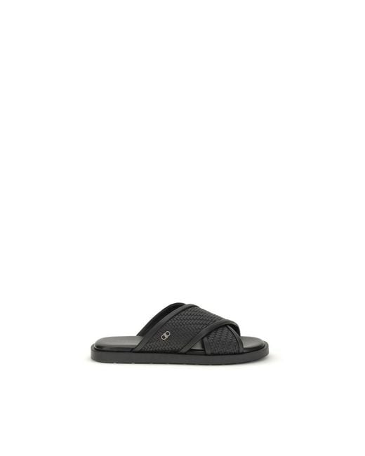 Ferragamo Black Calf Leather Bos Taurus Flat Sandals for men