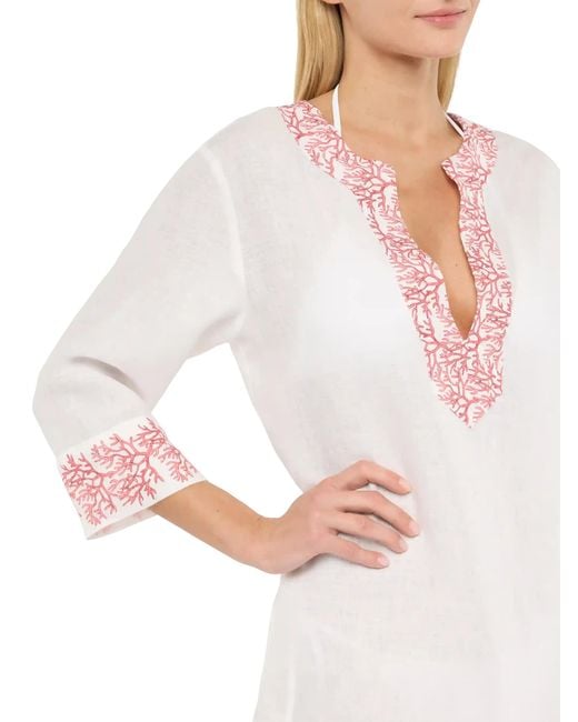 Mc2 Saint Barth White Macha Linen Tunic Dress With Coral Print
