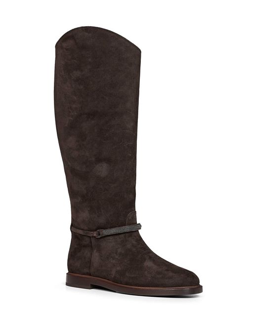 Brunello Cucinelli Brown Pepper Suede Boot With Precious Strap