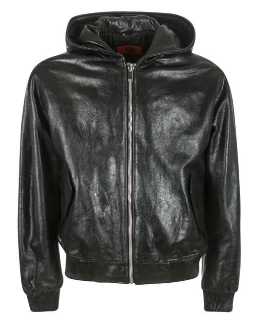 Fourtwofour On Fairfax Black Shiny Hooded Zipped Leather Jacket for men