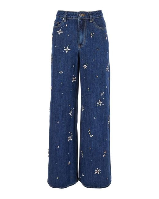 Self-Portrait Blue Jeans With Crystal Embellishments And Wide Leg