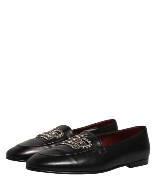 Dolce & Gabbana Black Leather Crown Embellished Loafers Shoes for men