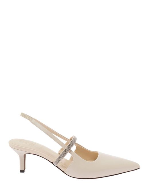 Brunello Cucinelli Natural Ivory Slingback Pumps With Monile Strap