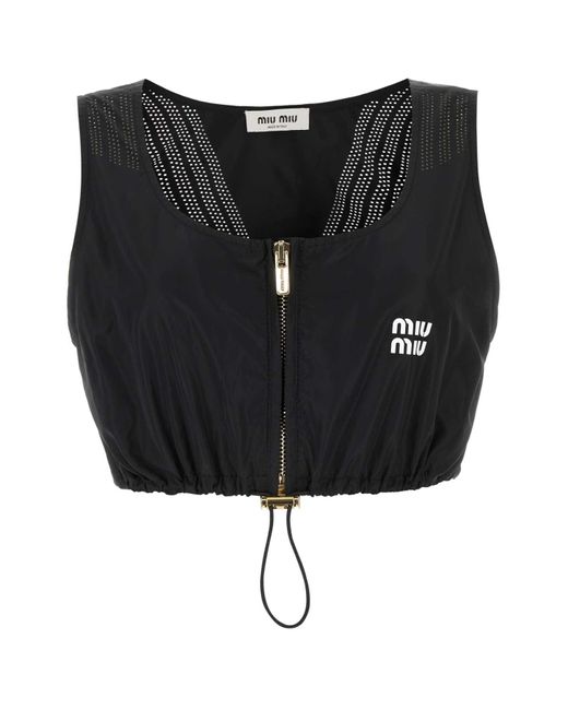 Miu Miu Black Logo-appliqué Sleeveless Crop Top