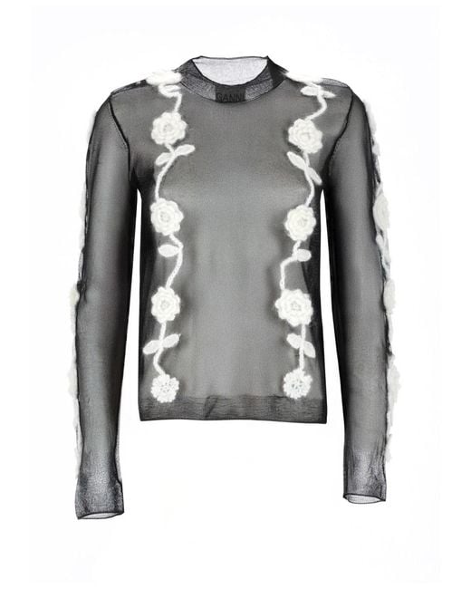 Ganni Black Mesh Top Recycled Polyamide Tops