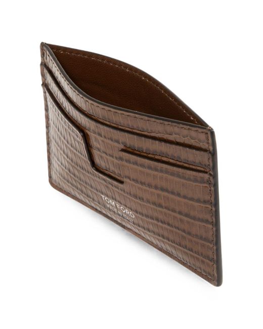 Tom Ford Brown T Line Caramel-Colored Tejus Printed Leather Card Holder With Logo Lettering for men