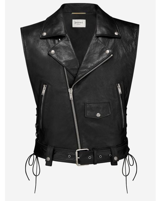 Saint Laurent Black Leather Motorcycle Vest Jacket