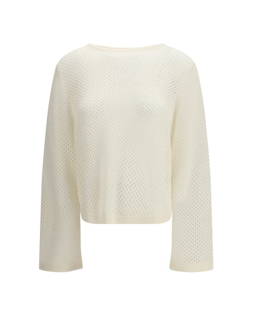 Allude White Perforated Boatneck Jumper